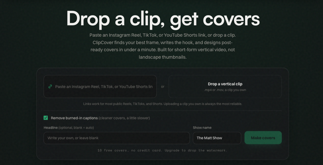 ClipCover preview: drop a clip, get covers